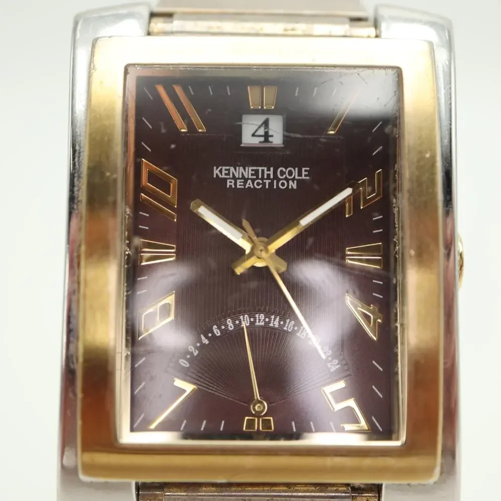 Reaction Kenneth Cole Two Tone 34mm Watch Brown Retrograde Stretch w New Battery